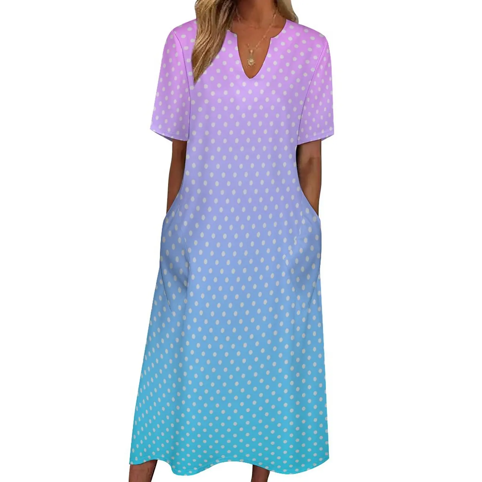 

Polka Dots Print Dress Pastel Gradient Night Club Maxi Dress Street Wear Casual Long Dresses V Neck Graphic Oversized Vestido