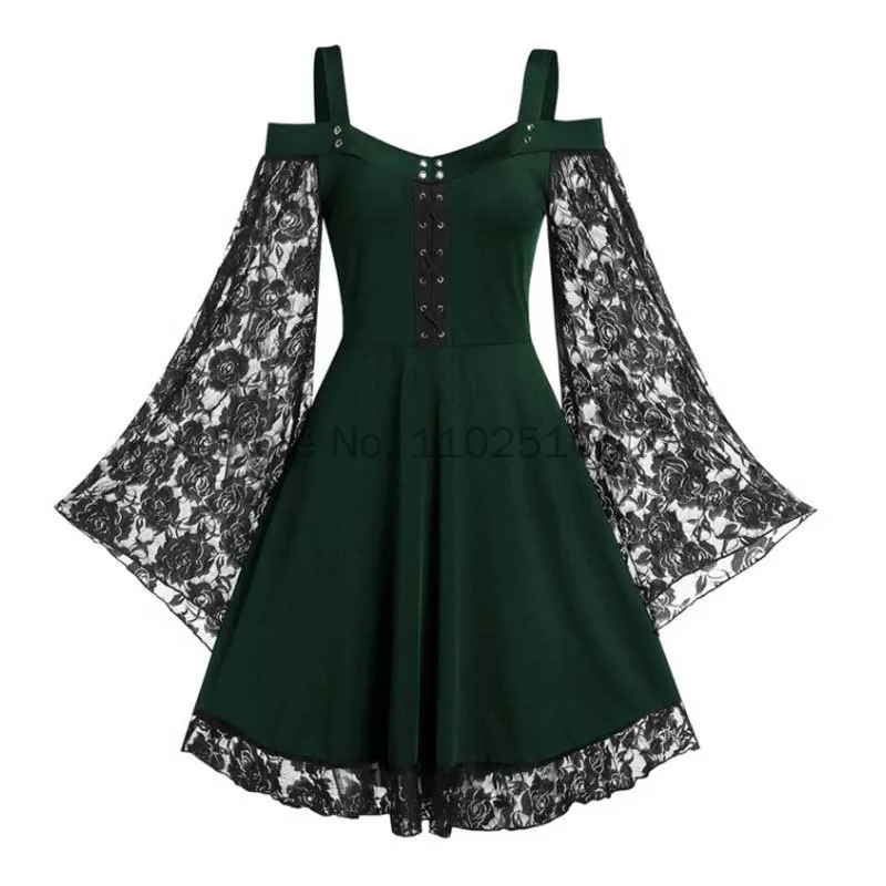 

Plus Size Fairy Grunge Off the Shoulder Mini Dress Lace Flare Sleeve Eyelet Gothic Bandage Patchwork Punk Vintage Swing Robe