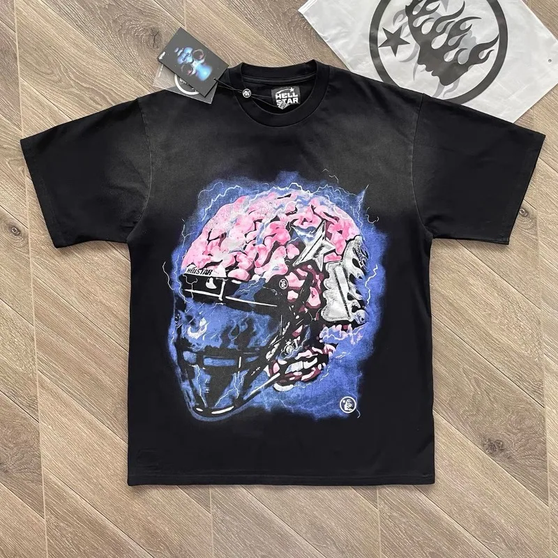 

23ss Black Washed Hellstar T Shirt Men Women 1:1 Best Quality Pure Cotton Brain Helmet Printing Tee Oversized T-Shirts