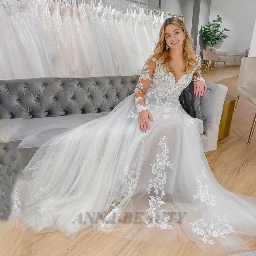 

Anna Long Sleeve A Line Elegant Wedding Dresses For Women Appliques V Neck Tulle Court Train Lacing Up Robe De Soirée De Mariage