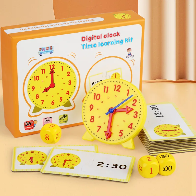 

Children Montessori Educational Wooden Clock Toys Preschool Students Learning Clock Matching Time Teaching Aids with 12 pcs Card