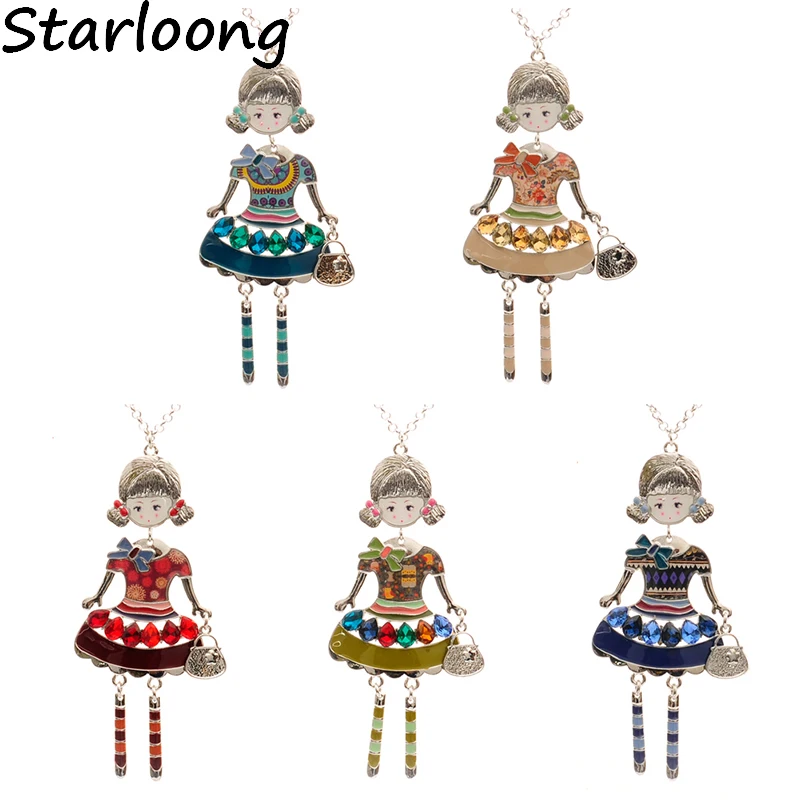 

1pc Silver Plated Drop glaze Enamel crystal Bohemia beautiful dress cute little girl doll pendant long chain necklace for women