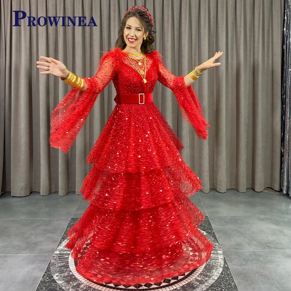 

Prowinea Feathers Glitter Scoop Fancy Long Sleeveless Evening Gowns Tiered For Women Belt De Fiesta Custom Made Illusion Pleat