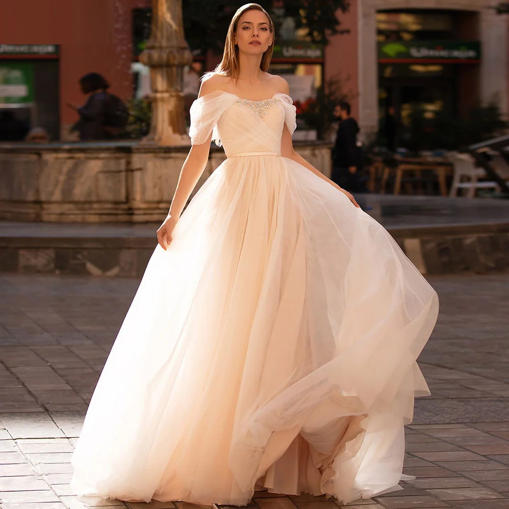 

13559#Off-Shoulder Vestido De Novia Short Sleeves Outdoor Boho Tulle Backless A-Line Ruched Beading Wedding Dress Bride Gown