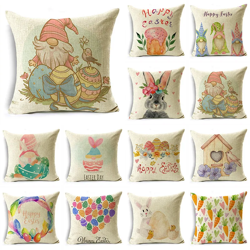 

Easter Day Old Man Rabbit Carrot Beige Linen Pillow Cushion Cover Decorative Throw Pillowcase 40*40cm/45*45cm/50*50cm