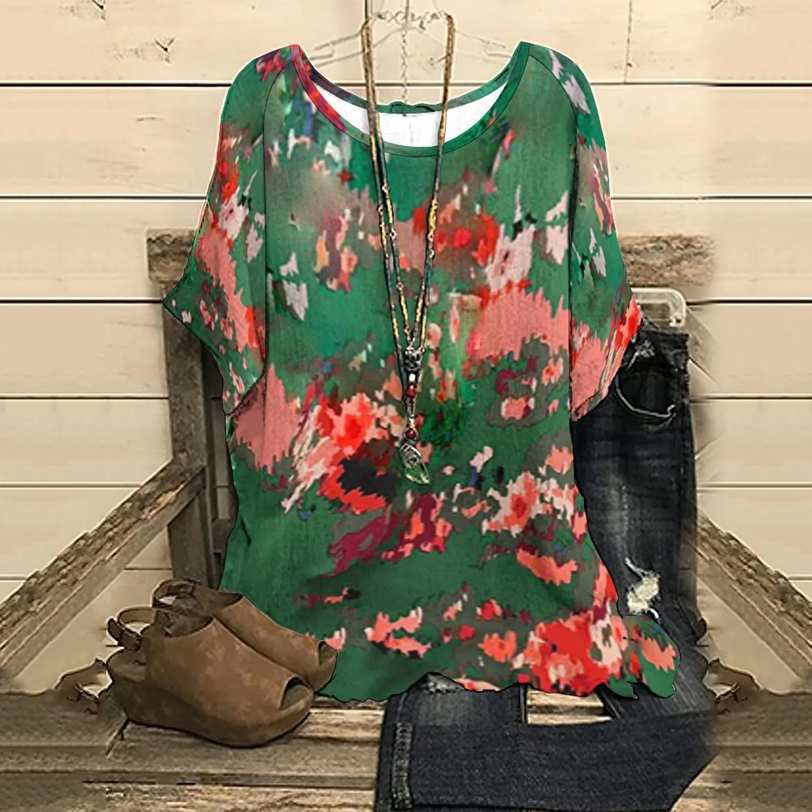 

Футболка женская летняя с коротким рукавом, модный топ в богемном стиле с абстрактным принтом, уличная одежда Y2k