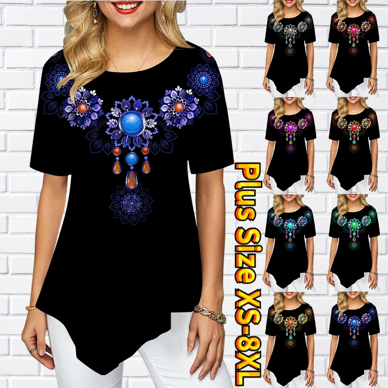 

2022 Women's Basic Short Sleeve Summer T-shirt Round Neck Slim Top Simple Style Pullover Ladies Retro Print Tee Shirt Clothing