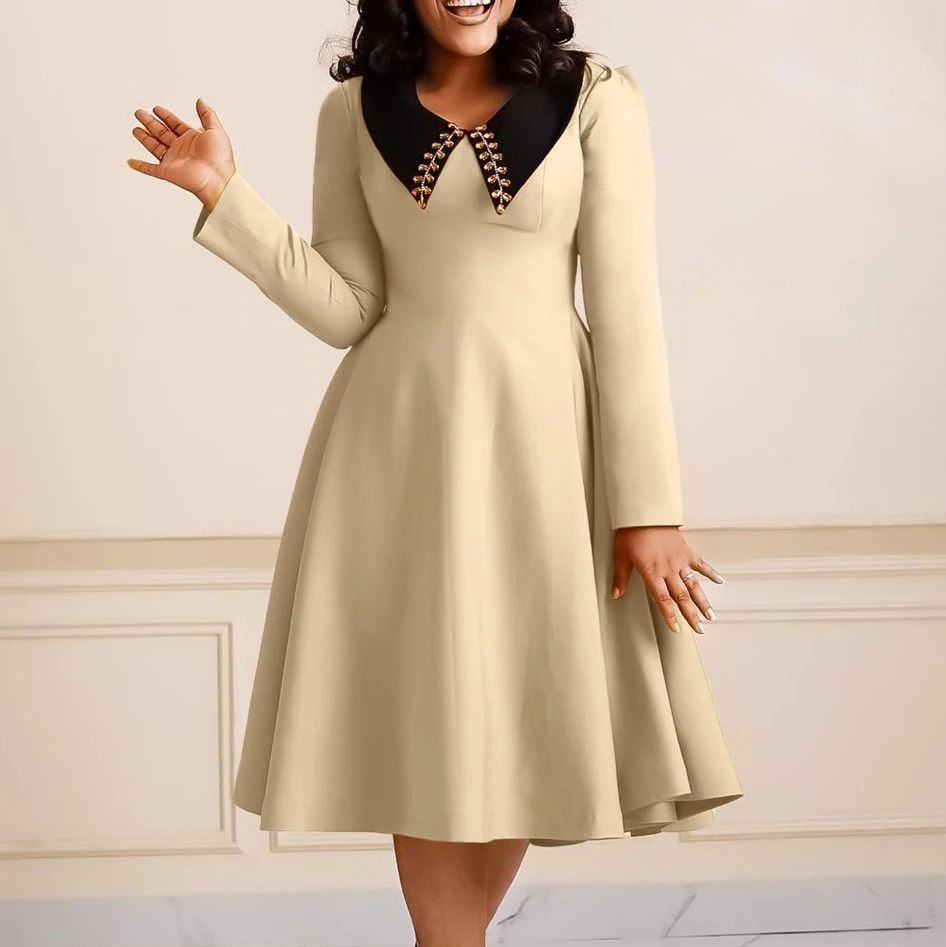 

Elegant Women's Solid Color Long Sleeved Lapel Long Sleeved Commuting Casual Dress 2023 Autumn A-Line Dress Large Hem Dress