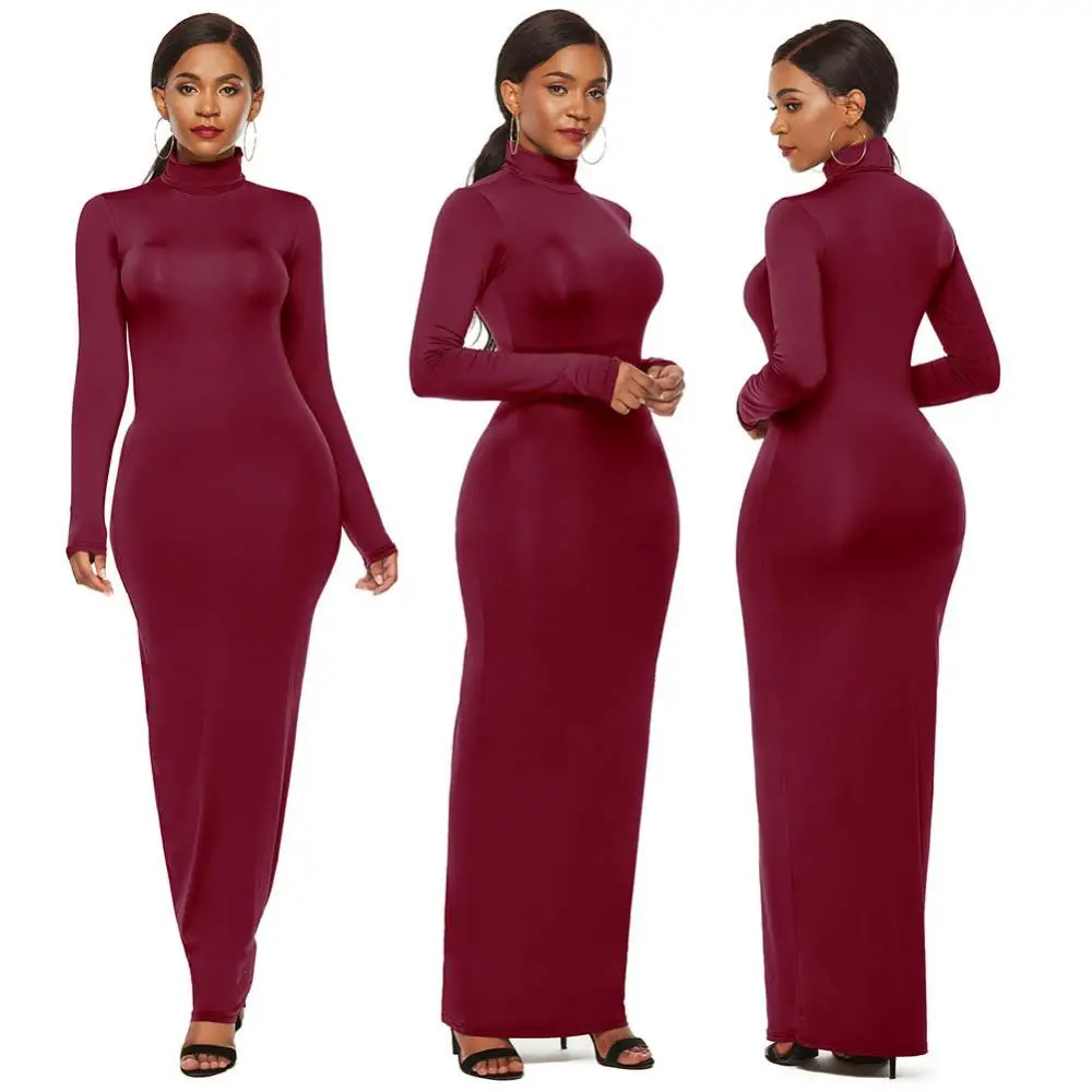Plus Size Party Solid Color Women Long Sleeve Turtleneck Bodycon Maxi Dress Solid Color, Bodycon, Comfortable Solid color style,