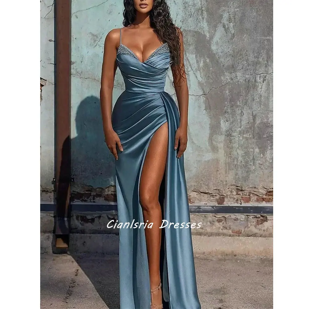 

Smoke Blue Spaghetti Strap High Split Dubai Mermaid Evening Dress Pleat Crystal Beading Saudi Arabic Formal Party Gown