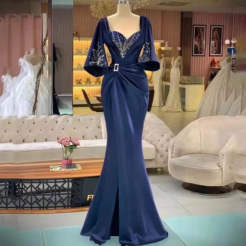 

Saudi Arabia Beaded Evening Dresses Sweetheart Short Sleeve Mermaid Prom Gowns Draped Side Split Satin Special Occasion Wear