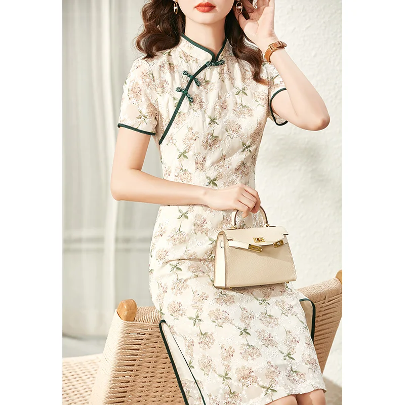 

Vimly Improved Cheongsam Dress Women Summer 2022 Elegant Niche Design Chiffon Embroidery High Waist Slim Vintage Dress V2581