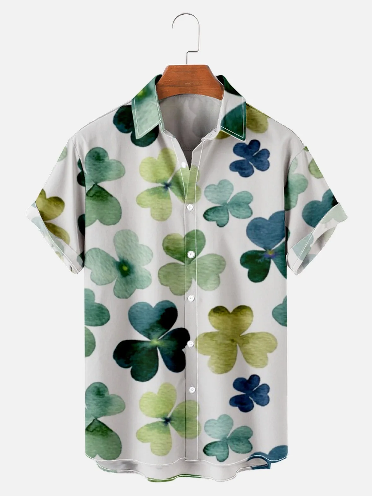 2022 New Creative Four-leaf Clover Print Men's Shirt Top Summer Casual Refreshing Men's and Women's Street Single Button T-shirt