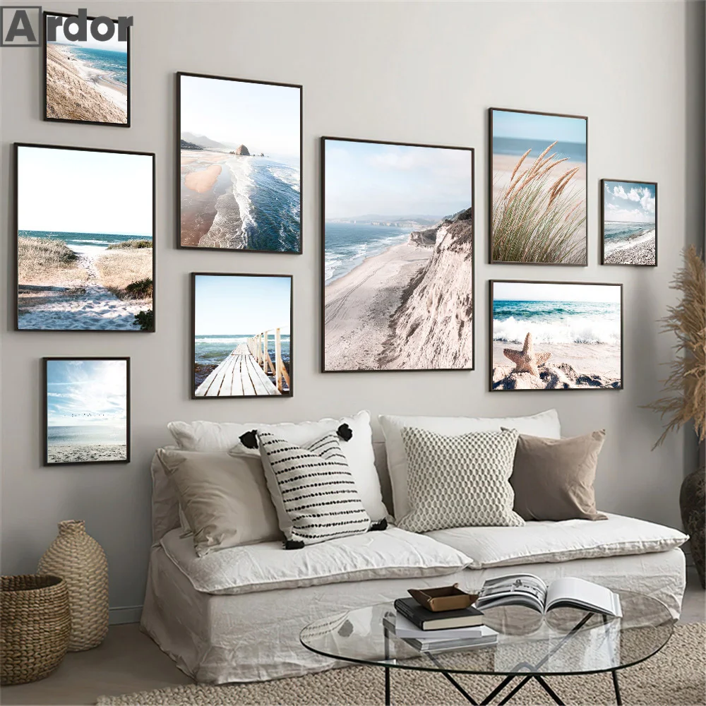 

Настенный постер с изображением пляжа, настенный художественный постер с изображением гор, неба, облаков, пшеницы, природный пейзаж, Сканди...