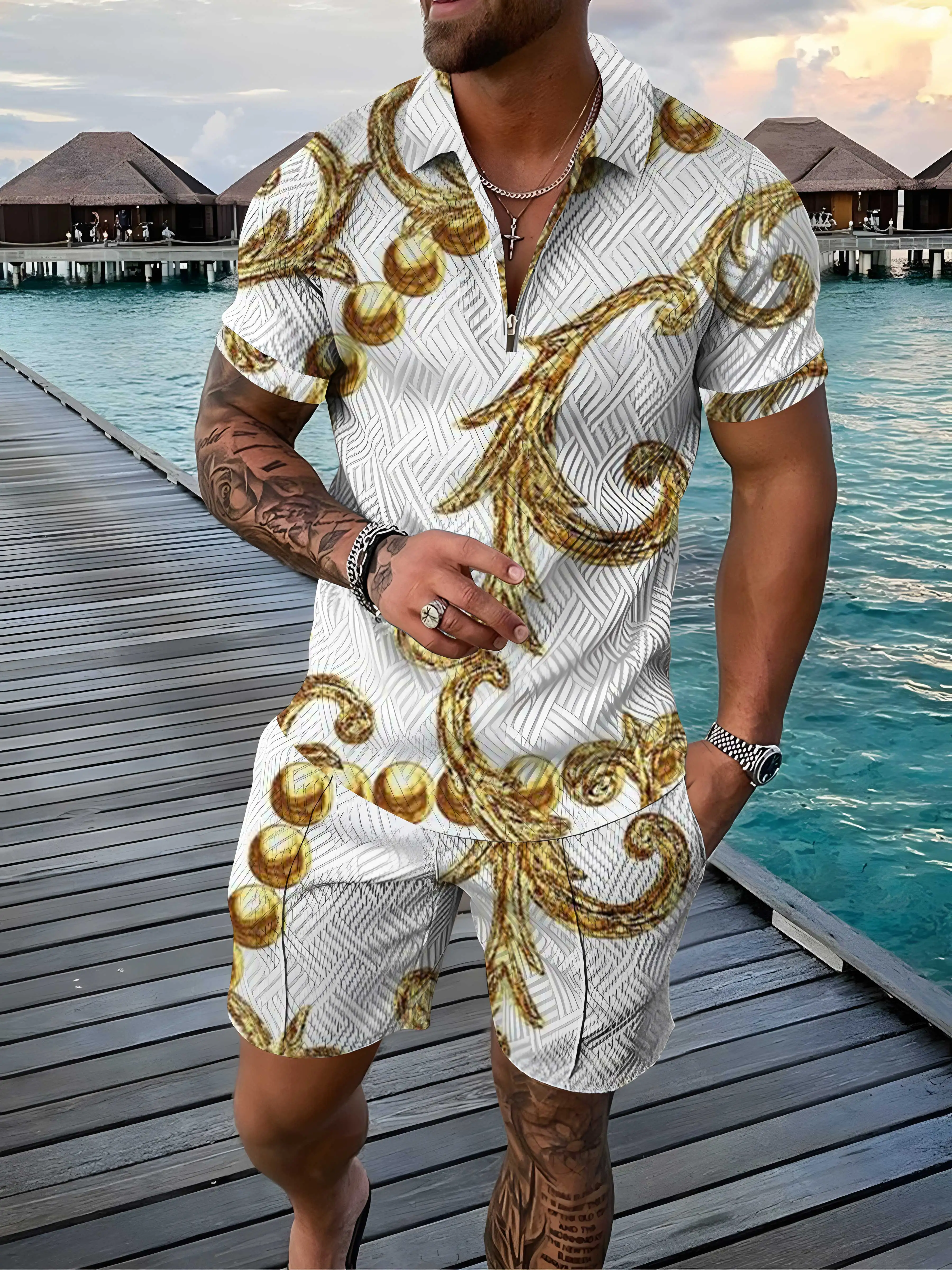 

Men's Tracksuit Cotton Linen POLO Sets Short Sleeve Shirt+Shorts Fashion Fitness Striped Sports Set Casual Street 2 Piece Suits