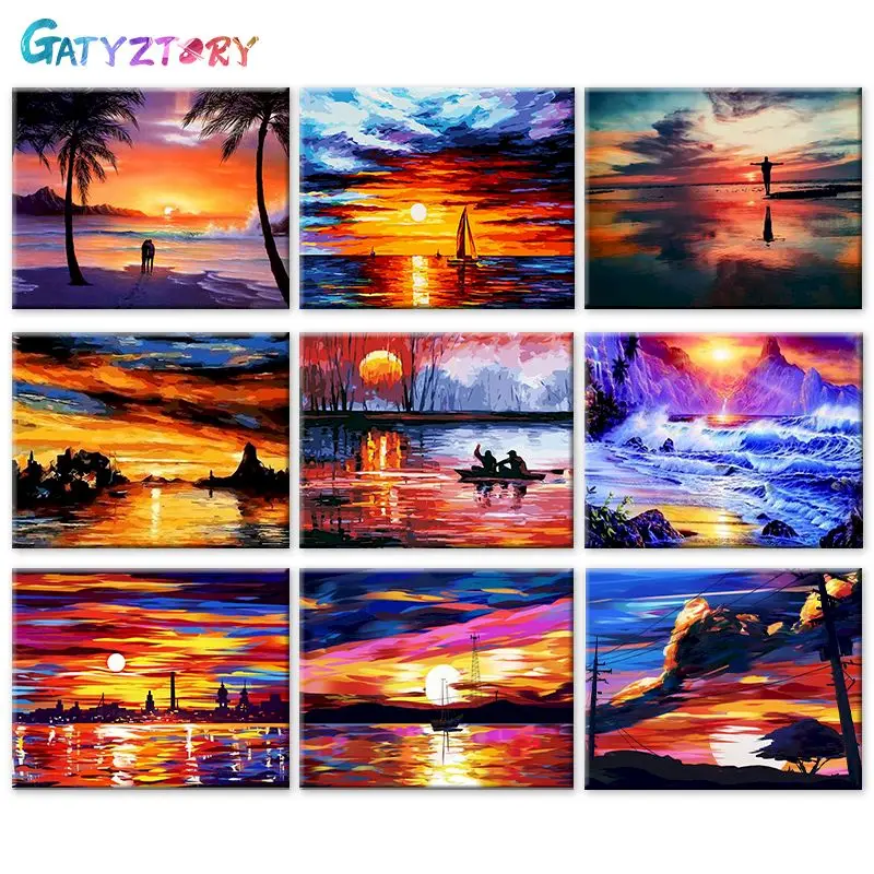 

GATYZTORY Coloring By Number Sunset Boat Kits For Adults Handpainted Oil Painting Sunset Landscape Home Decoration Gift DIY Fram