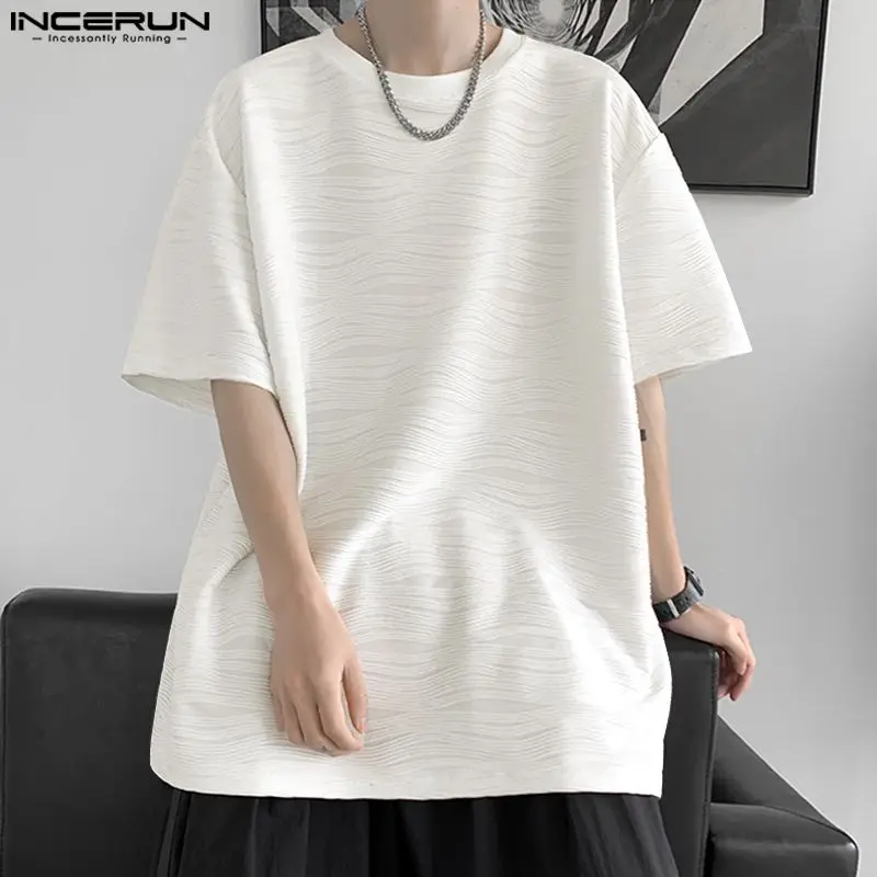 

INCERUN Tops 2023 Korean Style New Men Fashion O-Neck Wave Pattern T-shirts Casual Well Fitting Male Short Sleeve Camiseta S-5XL