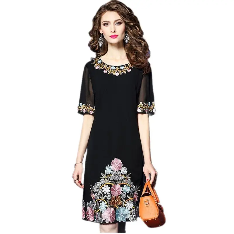 

Summer Dress Women high quality Chiffon embroidered dress O neck Retro black dresses pullover Loose size clothing for women 1023