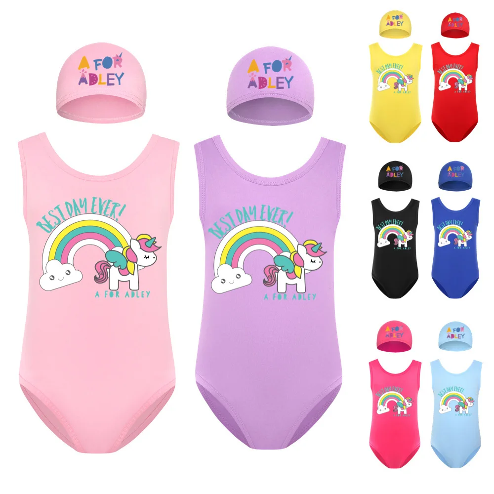 

Girls Swimsuit 2023 Summer Toddler Swimwear A for Adley Children's Swimwear with cap Baby Girls One Piece Swimsuit 2-14 Years