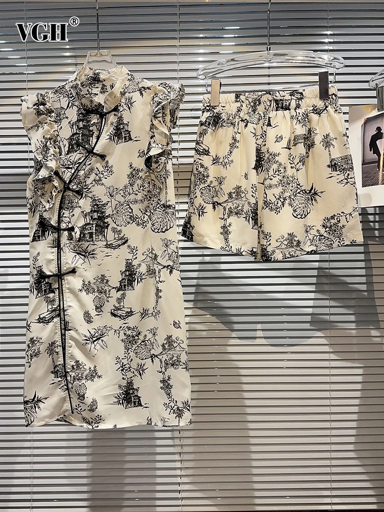 

VGH Hit Color Printing Two Piece Set For Women Stand Sleeveless Spliced Ruffles Tops High Waist Loose Shorts Casual Sets Female