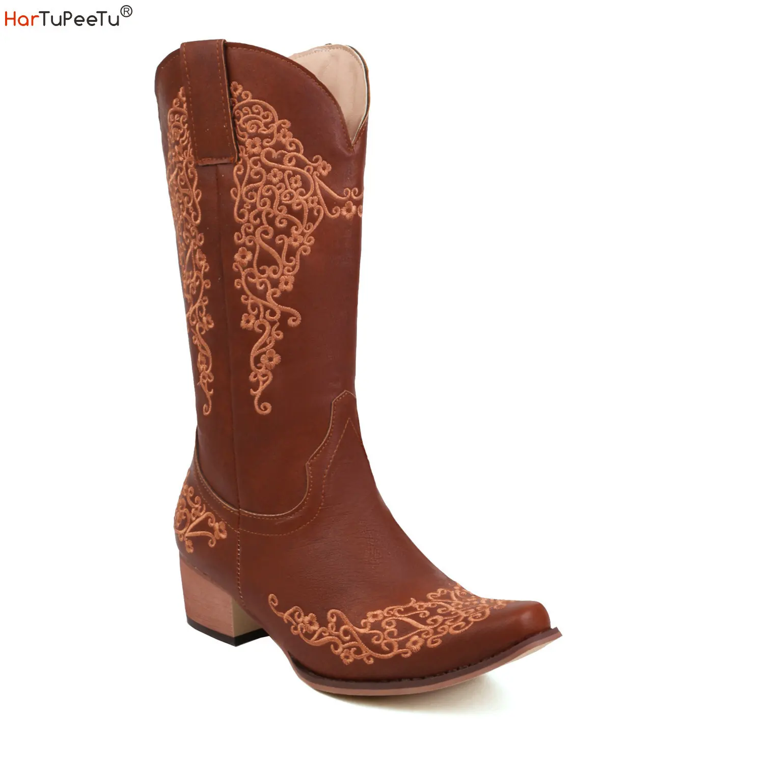 

Cowboy Winter Western Boots Women 2023 Cowgirls Mid Calf Leather Brown Shoes Plus Size 43 Retro Embroider Med Heels