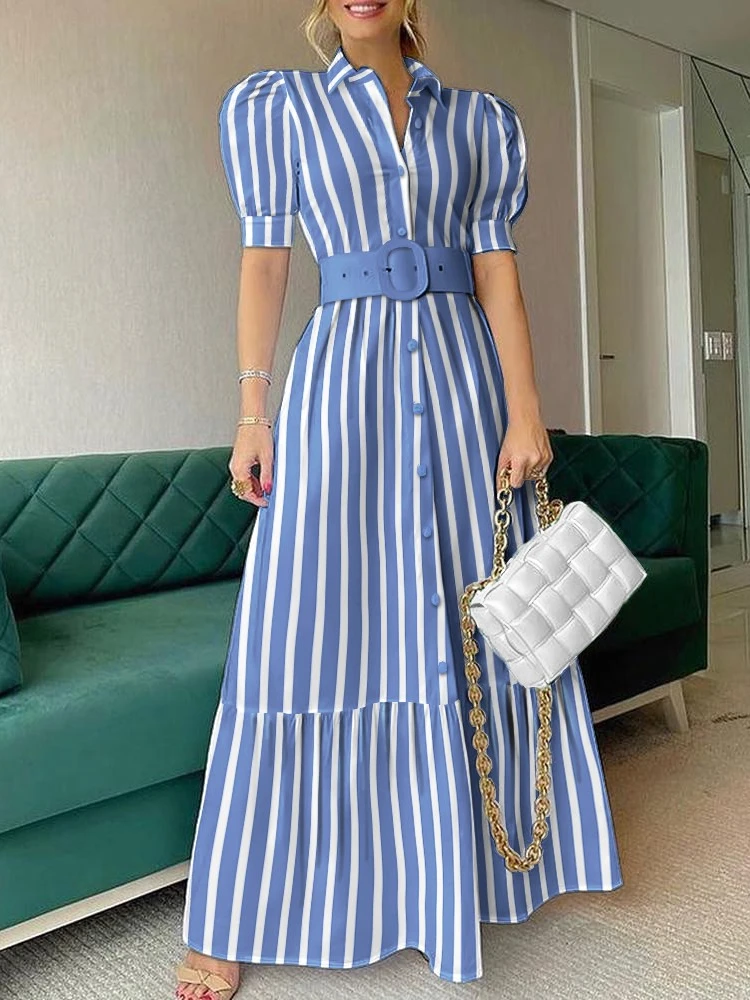 

White Dress Summer Dresses for Women 2023 Striped Single Breasted Loose Maxi Dresses with Belt Sashes Lady Fashion Streetwear