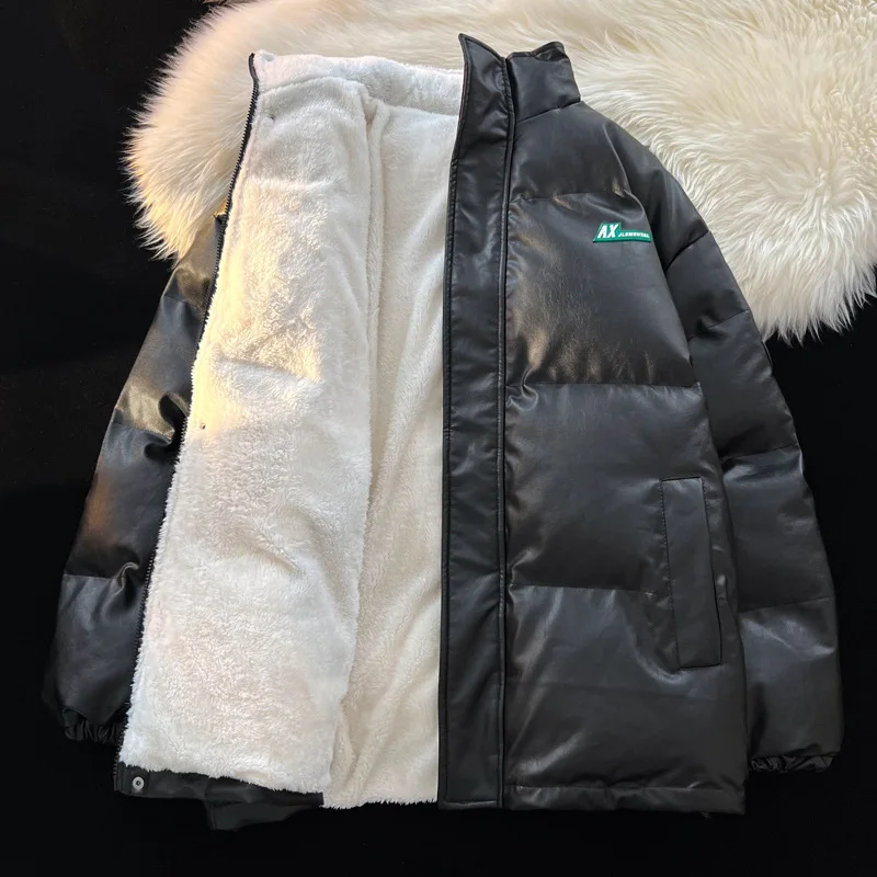 New Lamb Velvet Stand-up Collar PU Leather Cotton Coat Men Women Couple Coat Winter Loose Men's Thickened Down Cotton Jacket
