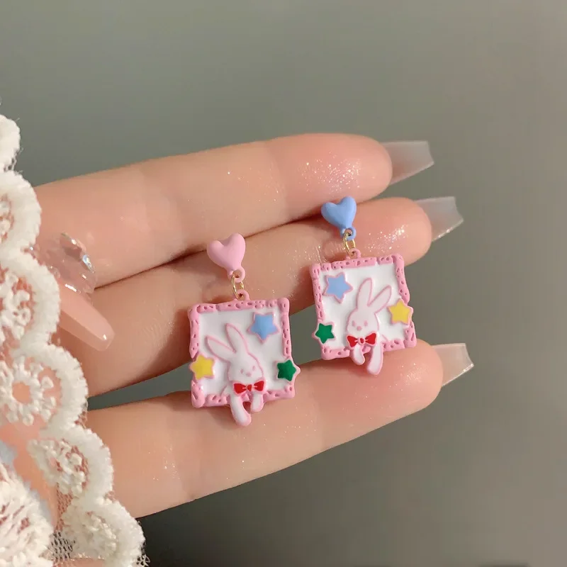 S925 игла допамин Симпатичные розовые сердца кролик серьги конфетных цветов