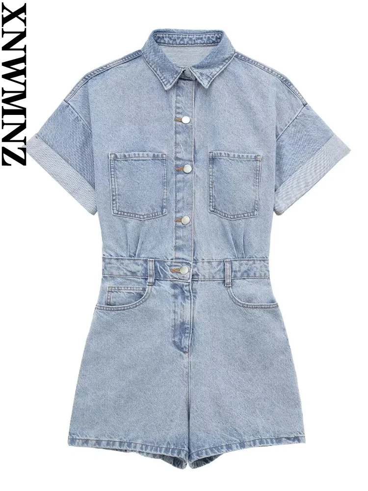 

Женский джинсовый комбинезон XNWMNZ, винтажный комбинезон с отложным воротником, отложным воротником, короткими рукавами, пряжкой спереди, эл...