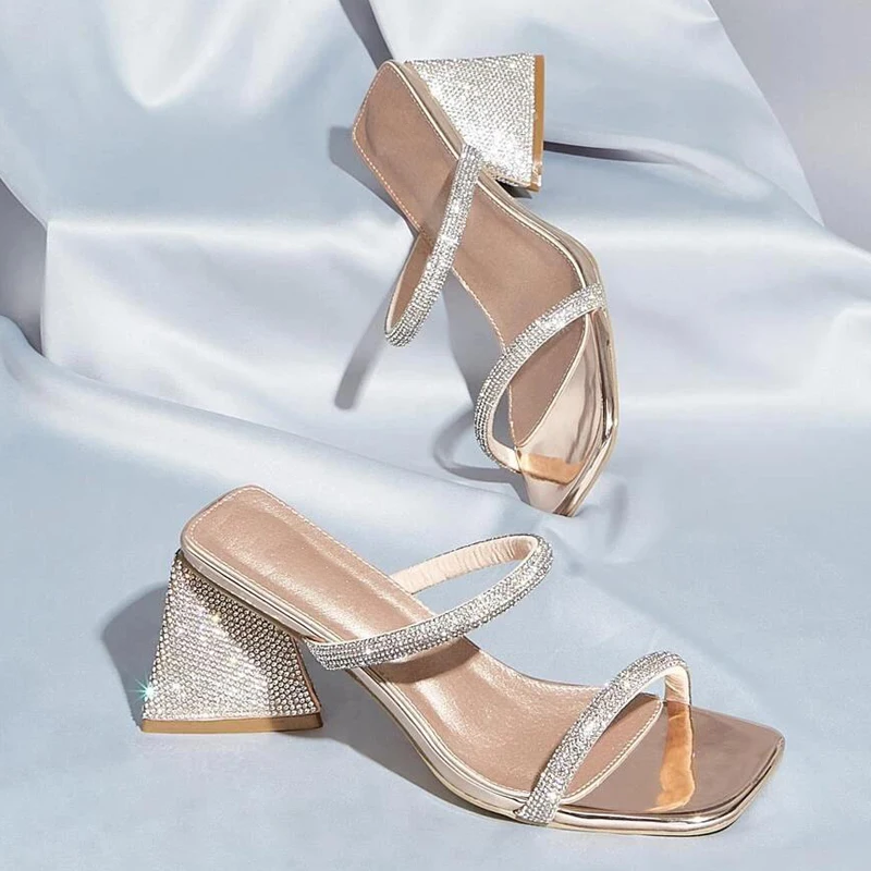 

2022 Women's shoes golden square head Rhinestone accessories High-heeled sandals