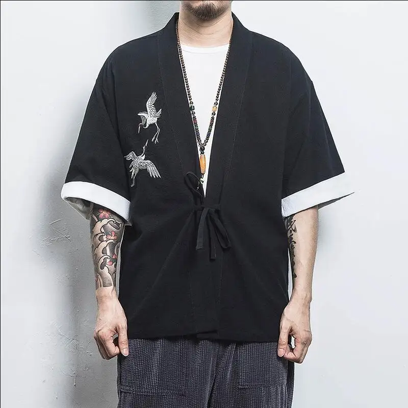 

Женская рубашка-кимоно с вышивкой в виде китайского дракона, рубашка без воротника с рукавом 3/4, хлопковая офисная одежда XXXXXL