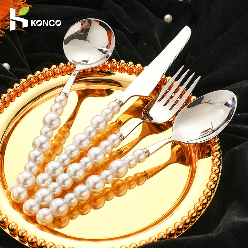 

Luxury Pearl Cutlery Set Stainless Steel Knife Fork Spoon Western Steak Tableware Dinnerware Creativity Wedding Gift Flatware