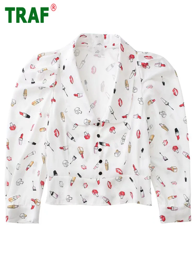 

TRAF White Print Blouses Women Ruffle Crop Top Female Long Sleeve Button Up Shirt Women Summer Satin Blouses and Shirts Woman