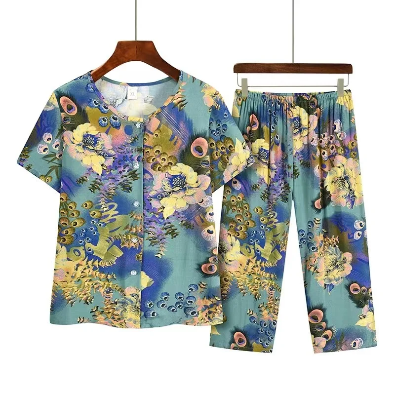 Fdfklak Pajama Women Summer Thin Middle-aged Home Clothes Short-sleeved Pijama Mujer Two-piece Suit Sleepwear Printing Pyjama