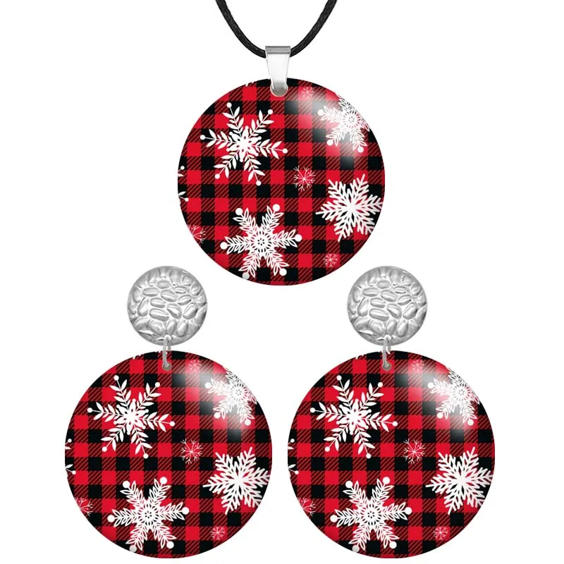 

Red Snowflake Patchwork Image Round Wooden Pendant Necklaces & Earrings For Women Stainless steel Piercing Jewelry Sets S0181