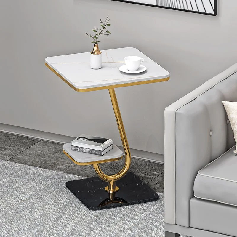 

Luxury Marble Sofa Side Table Metal Coffee Table Square Small Corner Desk 2 Layer Slate Tables Mesas Muebles Bedside Living Room