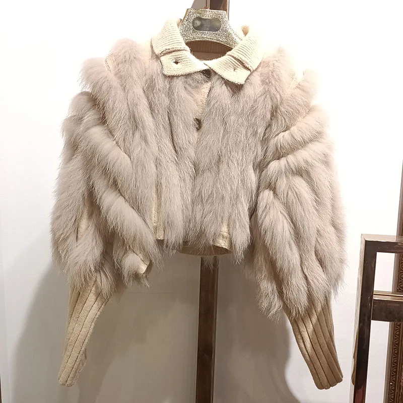 

Women Short Autumn Knitted Real Fox Fur Coat With Lining Female Long Sleeve Warm Autumn Chic Loose Coats Outwear