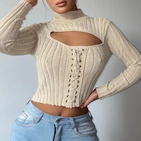 2021 autumn and winter womens long sleeved hollow thread open chested sweater high neck striped sweater pullover crochet top