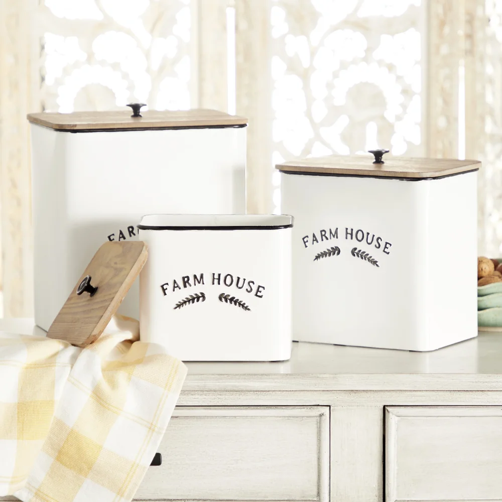 

Farmhouse White Metal Canisters with Natural Brown Lid, Set of 3 11" H food storage containers kitchen organizer