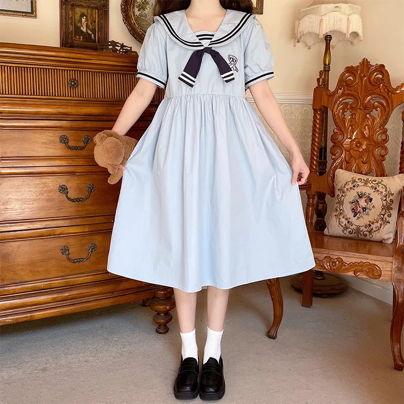 

Повседневное сказочное женское платье в японском стиле, летнее школьное платье средней длины с матросским воротником и коротким рукавом и оборками, шикарные студенческие платья