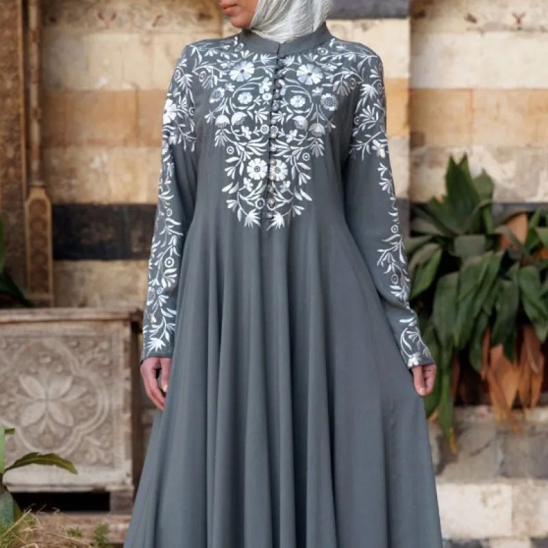 Spring New Dresses Ethnic Wind Women's Long-sleeved Printed Collar Swing Long Dress  Muslim Fashion