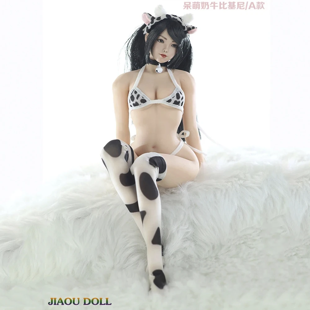 

1/6 JO22X-06 Female Cute Cow One-piece Bikini with Headdress Necklace Over-knee Socks Clothes Model Fit 12'' Figure Body Dolls