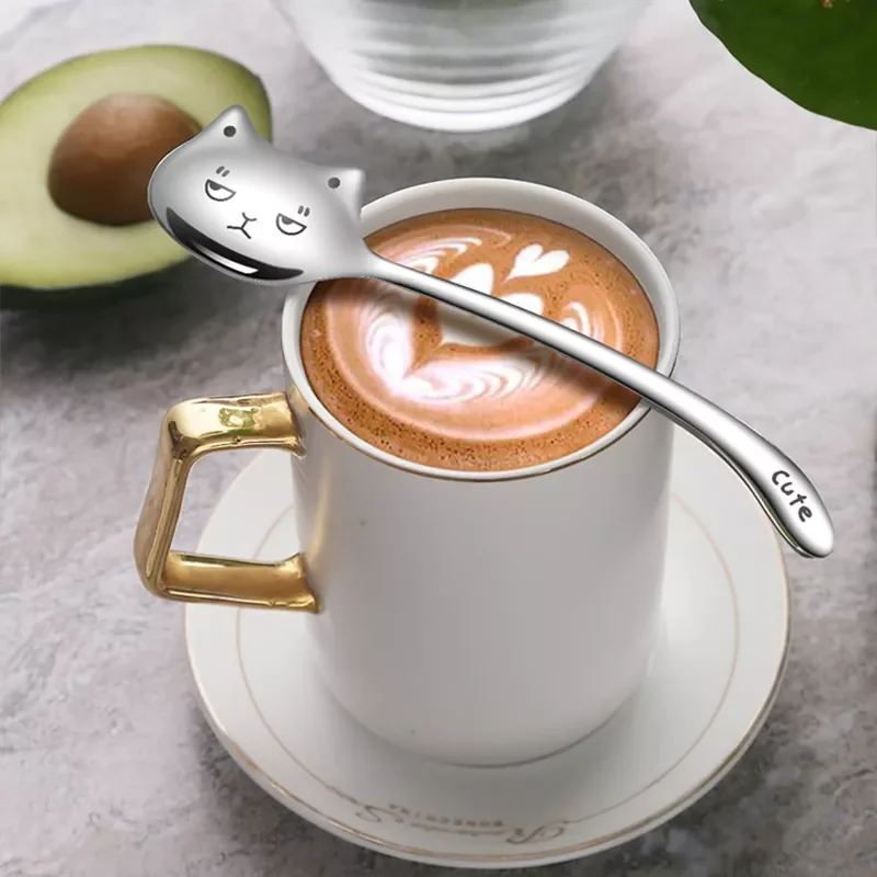 

NEW 1PCS Funny Tea-Spoon For Coffee Long tail cat Coffee spoon Long Handle Spoon Birthday Gift 304 Stainless Steel Tableware