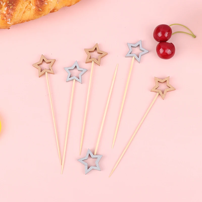 

50Pcs Pentagram Cake Topper Disposable Glitter Star Shape Bamboo Skewers Buffet Fruit Cupcake Fork Sticks Party Supplies