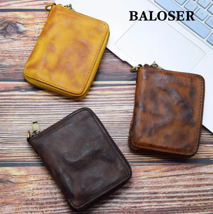 

BALOSER Genuine Leather Men Vintage Trifold Wallet Cowhide Zipper Purse Credit Card ID Holder Pocket Purse