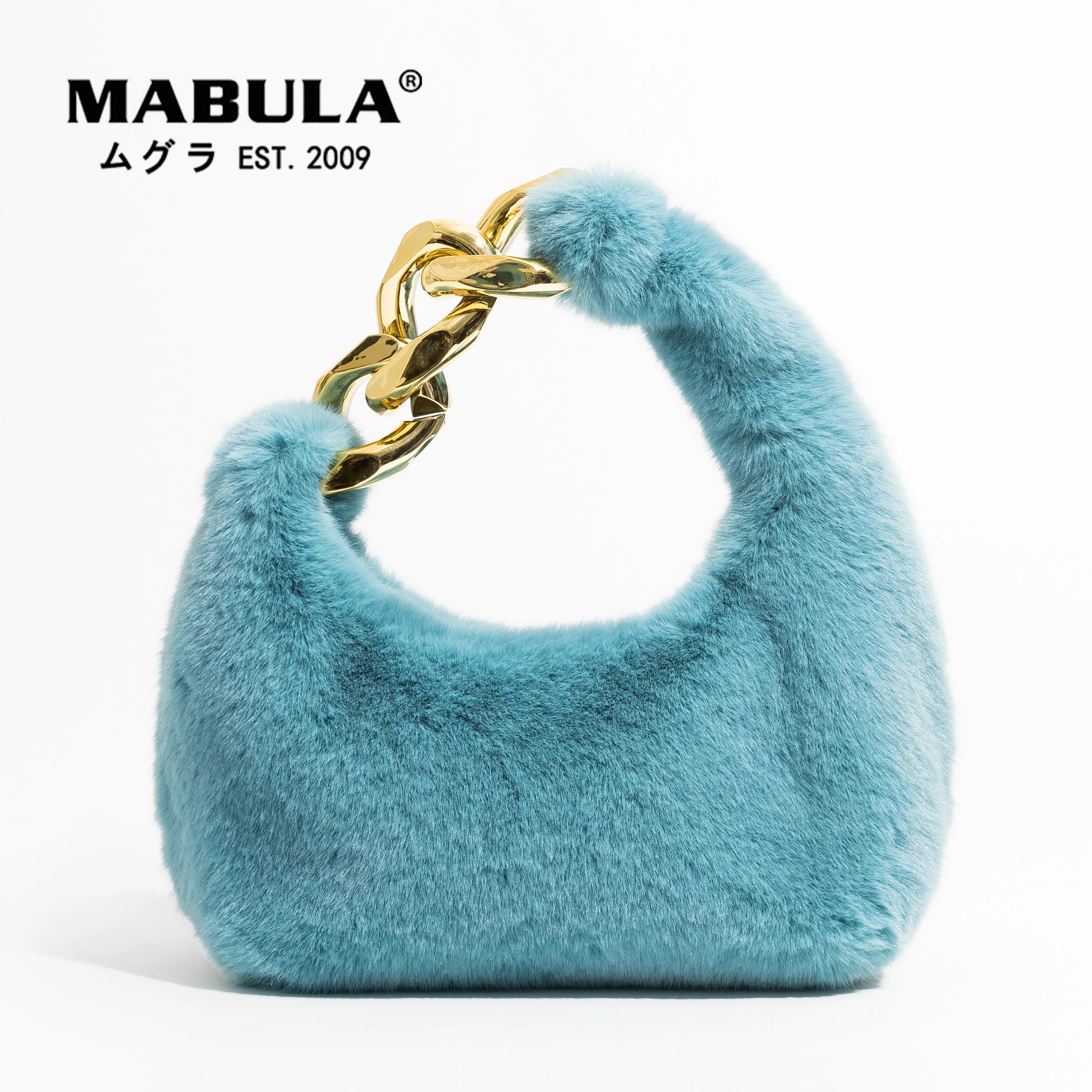 MABULA mavi suni kürk üst kolu çanta ile büyük Metal zincir yarım ay tasarım kadın debriyaj akşam çantası kış küçük telefon çanta