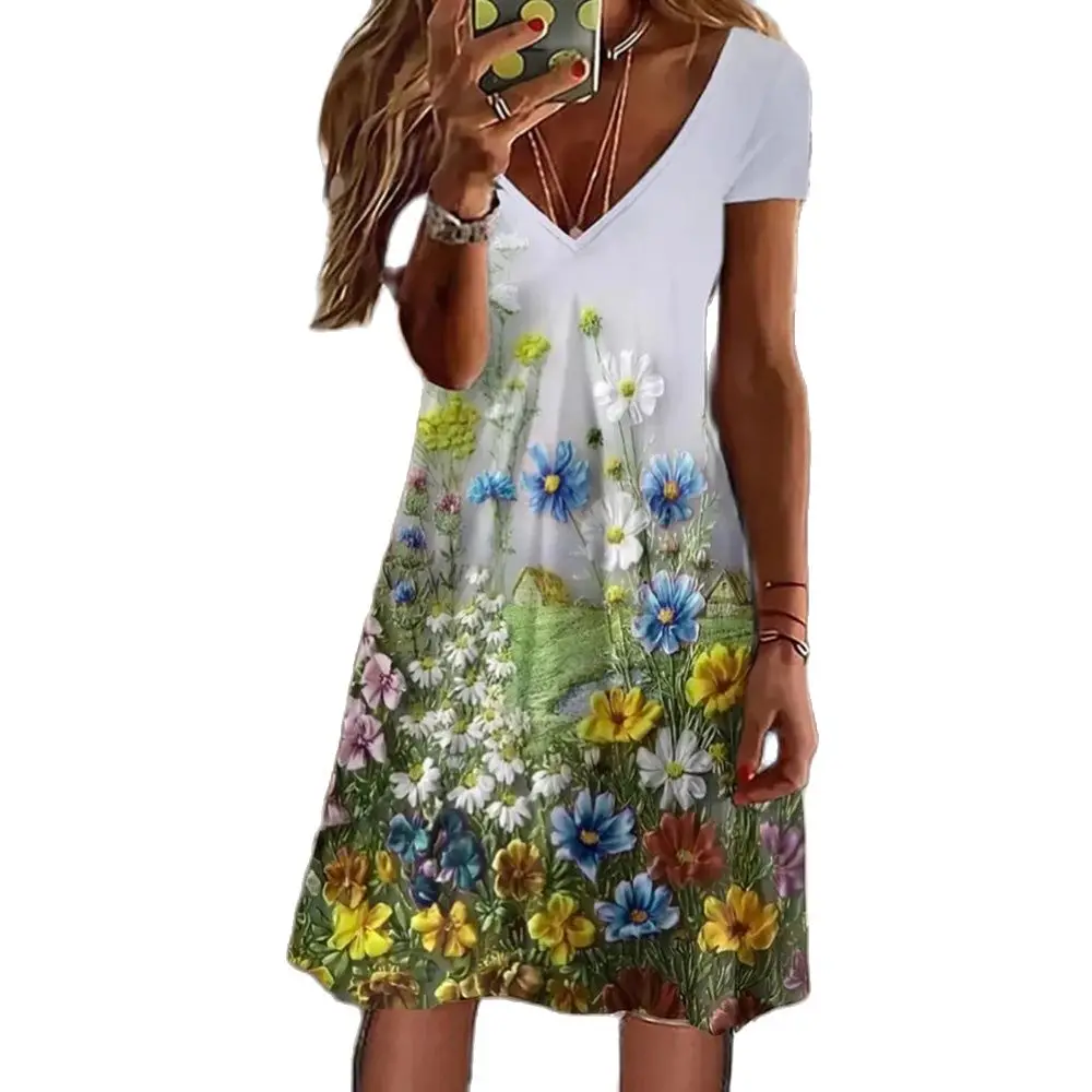 

Женское платье с цветочным принтом, V-образным вырезом и коротким рукавом