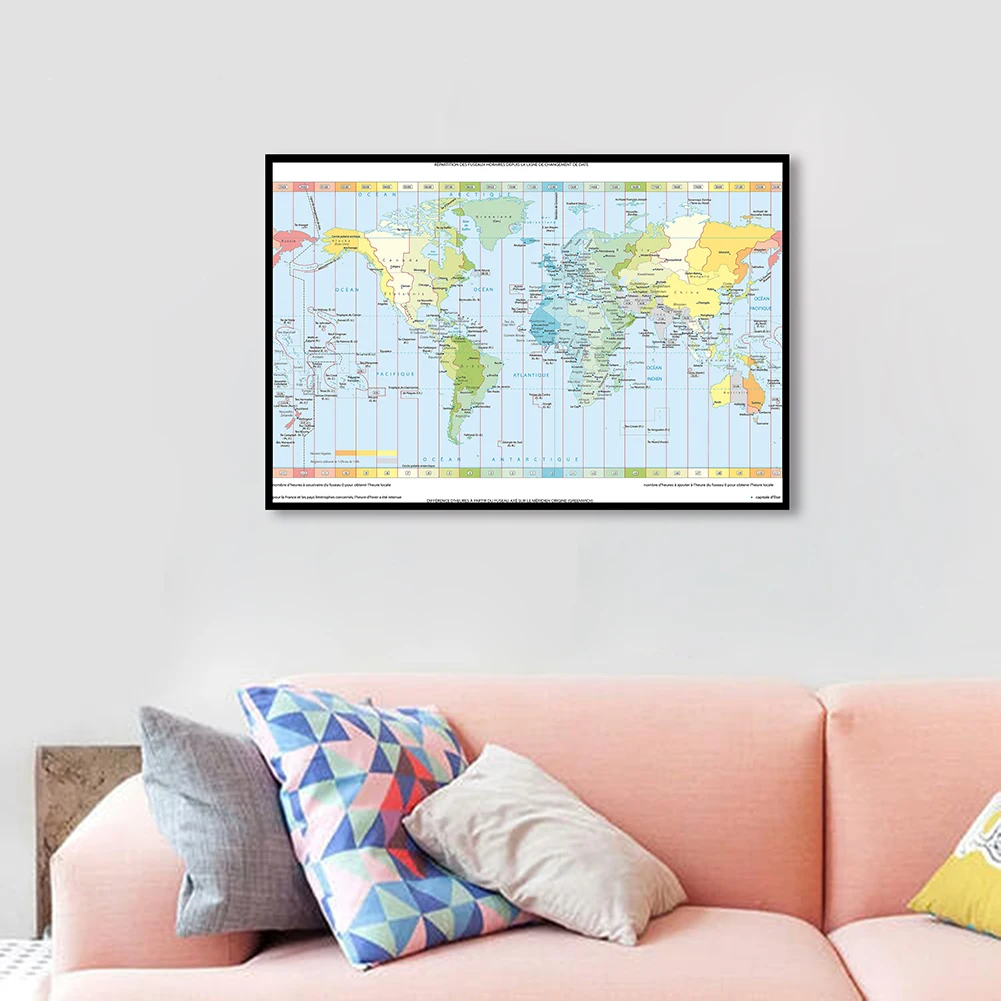 Póster de arte de pared con mapa de zona horaria para decoración del hogar, lienzo de pintura de 90x60cm, mapa politico del mundo francés, suministros escolares para aula