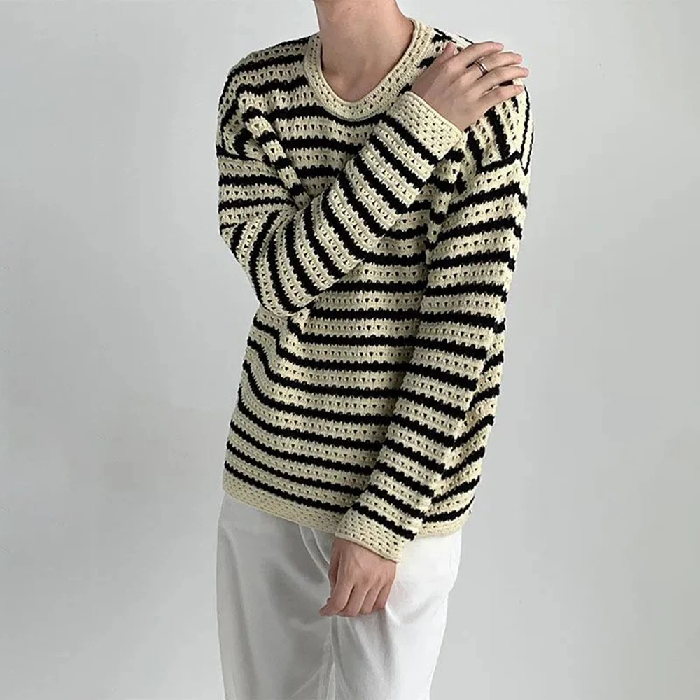 

Зимний мужской свободный пуловер 2023 с круглым вырезом, сохраняющий тепло шерстяной свитер, Модный Полосатый Повседневный вязаный бежевый цвет, пальто, женский