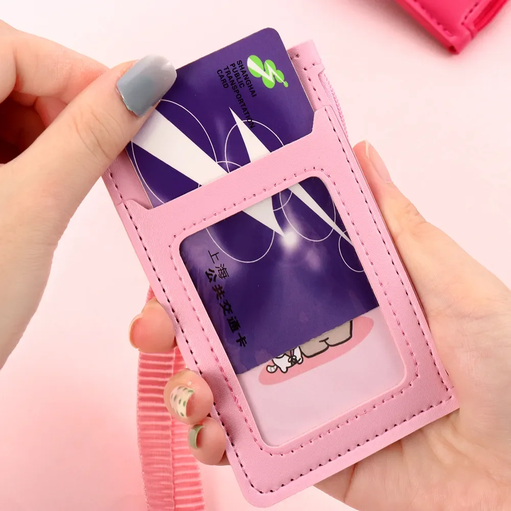 Faux Leather Card Case Fashionable ID Badge Card Holder Business Card Case Cover with Neck Lanyard  Zipper Bag